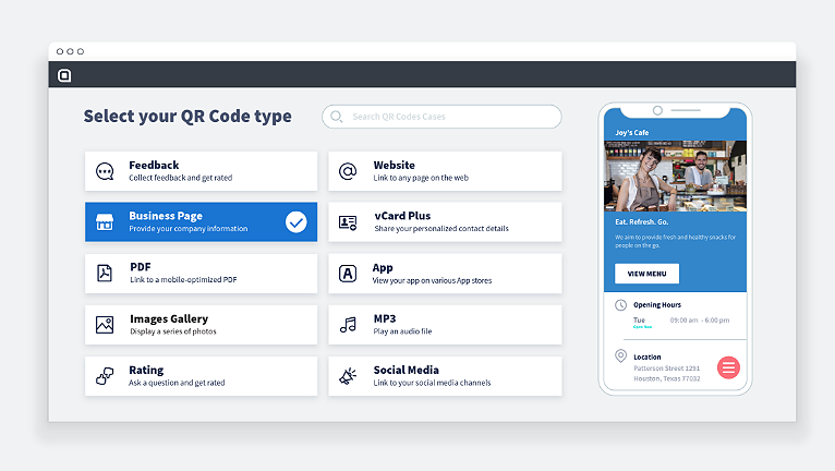 Primeiro passo para criar um QR Code Business é selecionar Business no app e depois inserir todas as informações da sua empresa
